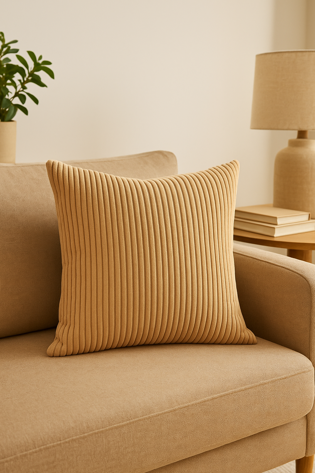 Striped Ribbed Velvet Throw Pillow Cover in Camel - view 2