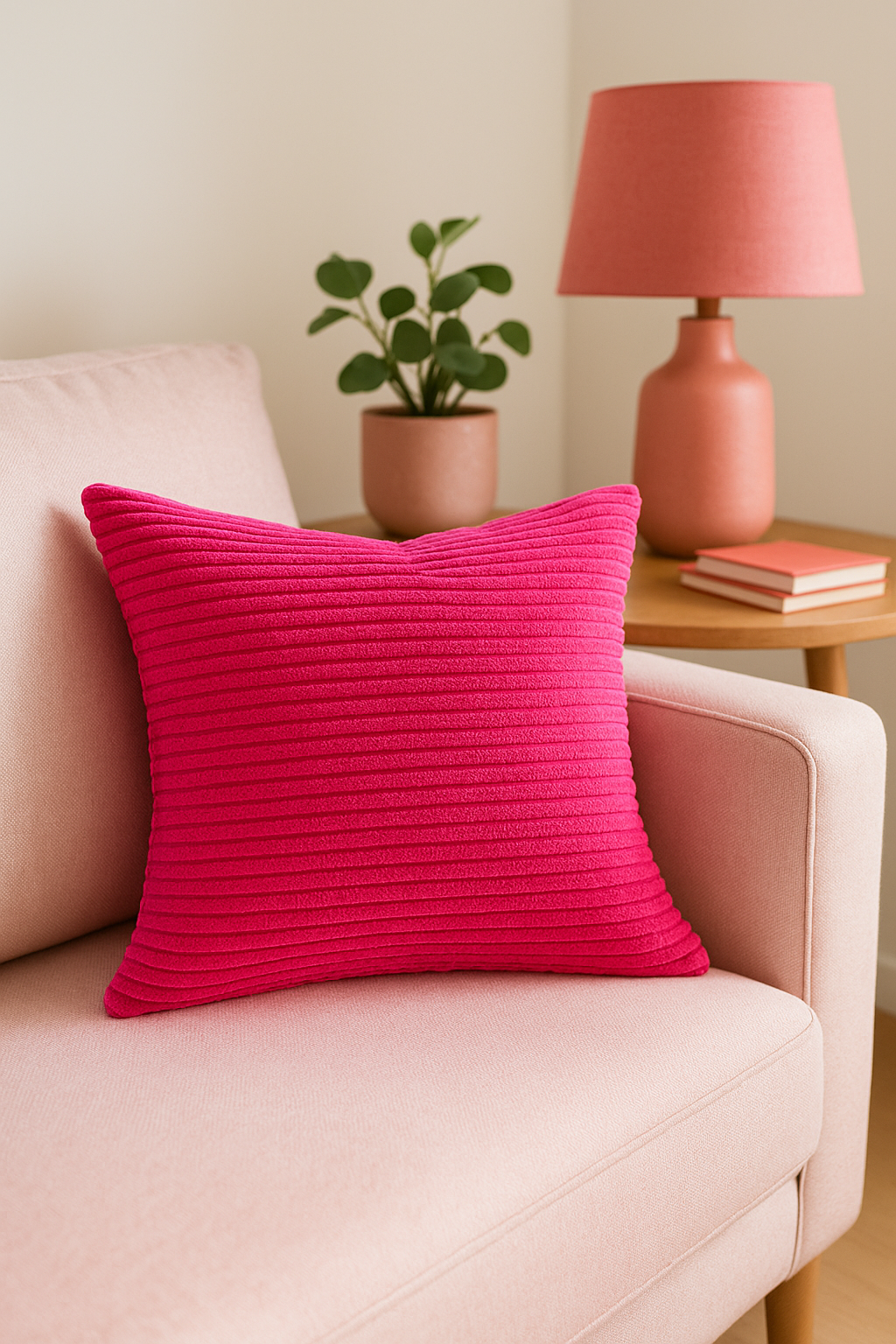 Striped Ribbed Velvet Cushion Cover in Hot Pink, 30x50 and 50x70 cm - view 2