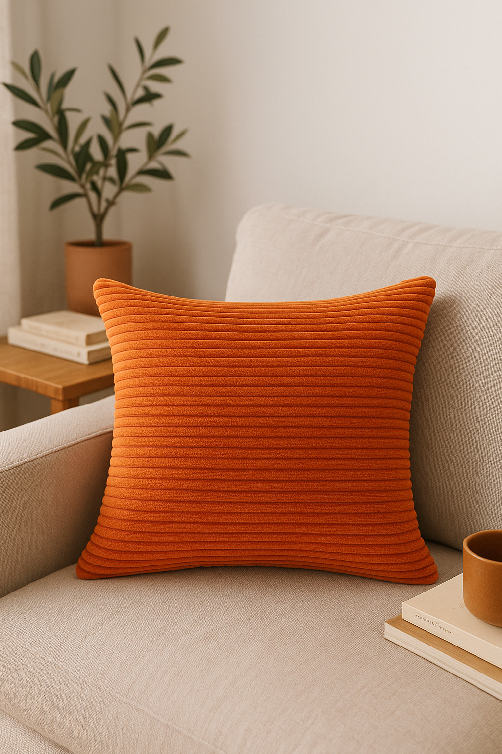 Striped cushion covers in ribbed velvet for sofa and armchair - view 2