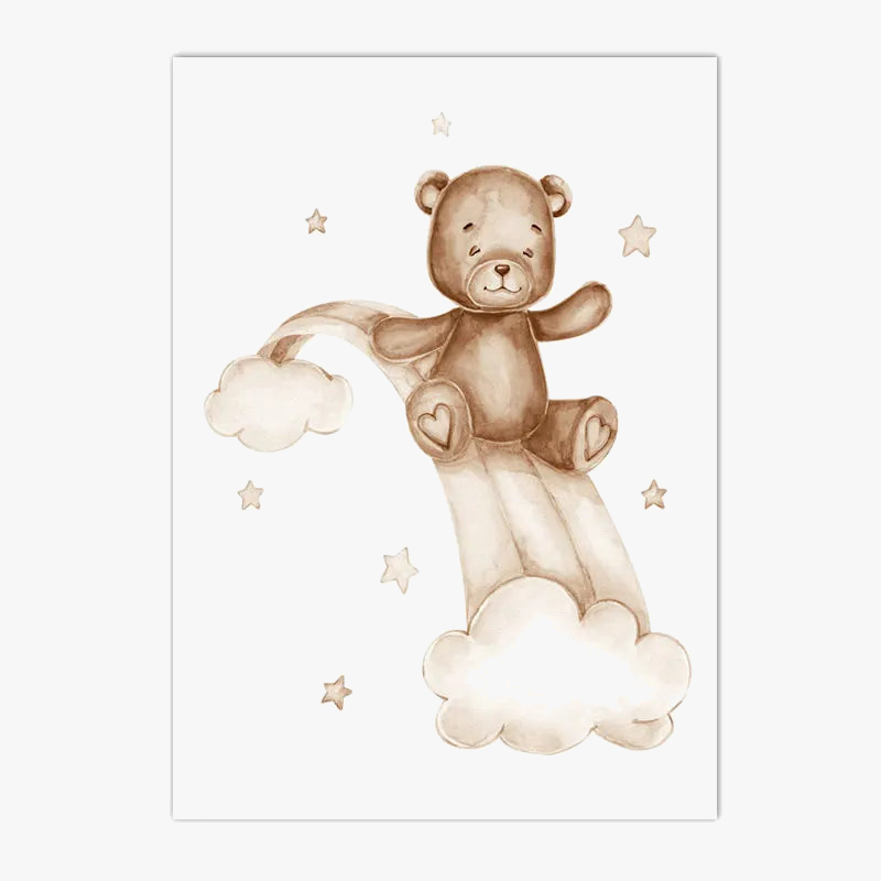 Charming Cloud Moon Rabbit Bear Canvas Print for Kids Room