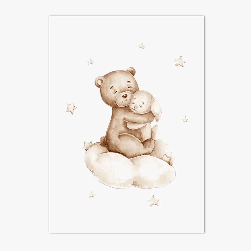 Pastel Cloud Moon Rabbit Bear Canvas Print for Kids Room
