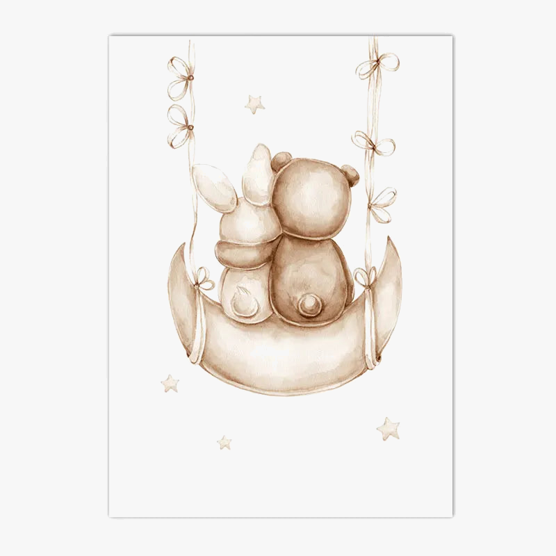 Dreamy Cloud Moon Rabbit Bear Canvas Print for Kids Room