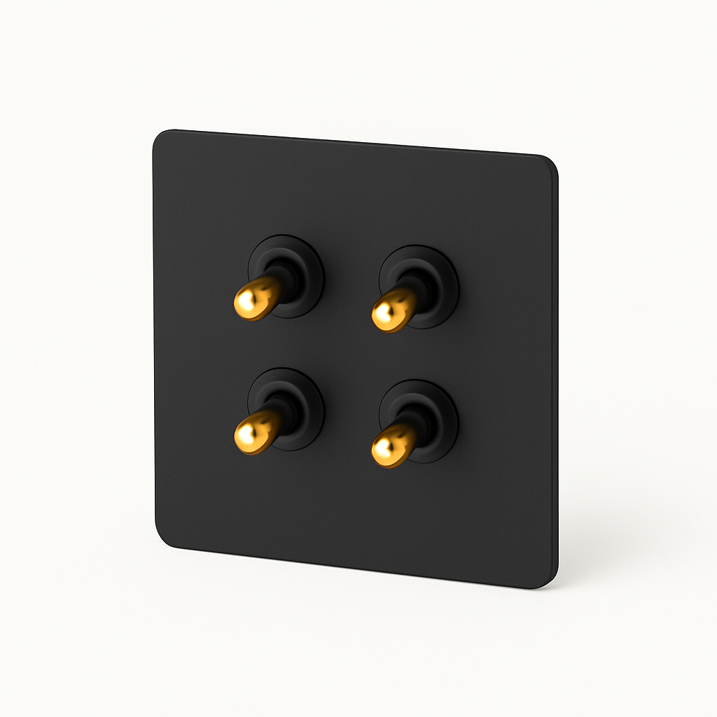 4-way quadruple switch in black steel matt and gold rounded edges