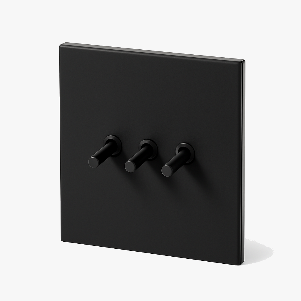 3-Gang Black Matt Steel Triple Switch with Curtain & Reset