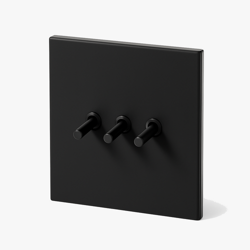 3-Gang Black Matt Steel Triple Switch with Curtain & Reset