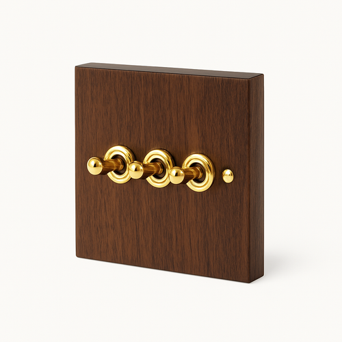 3 ways wooden triple switch and gold screws and details