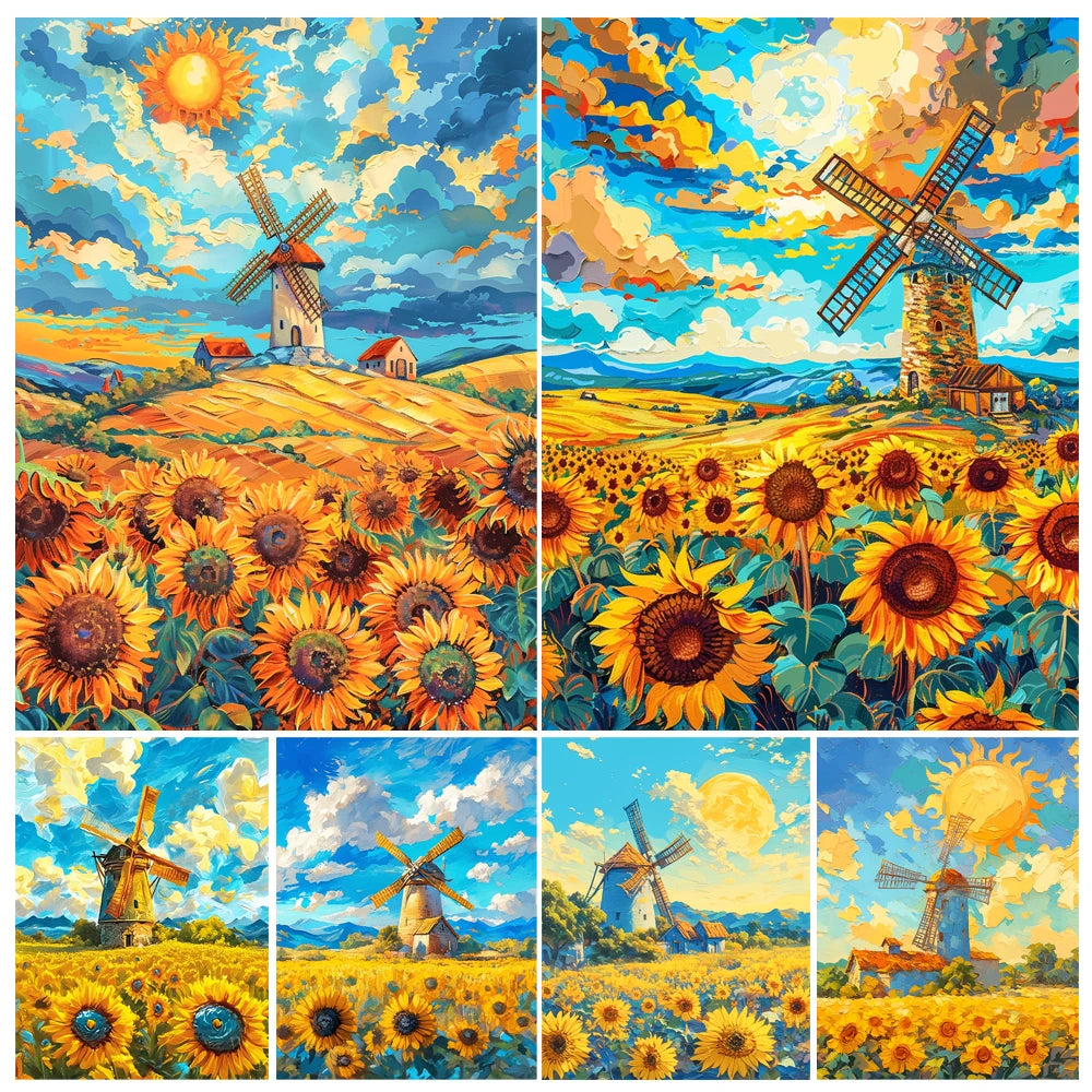 Painting kit by number field of sunflowers windmill artisanal decoration - view 2
