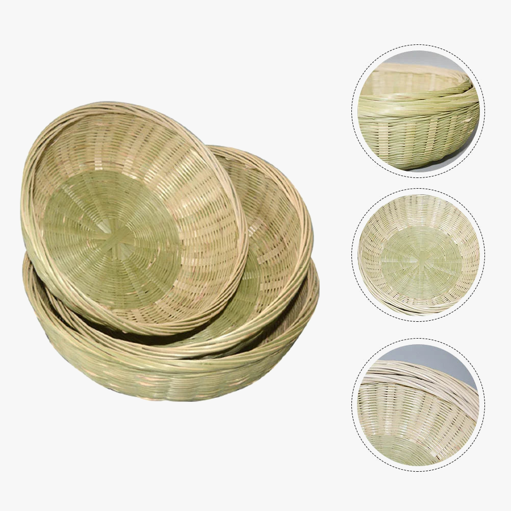 3 baskets of bamboo with wicker tray for fruit and bread