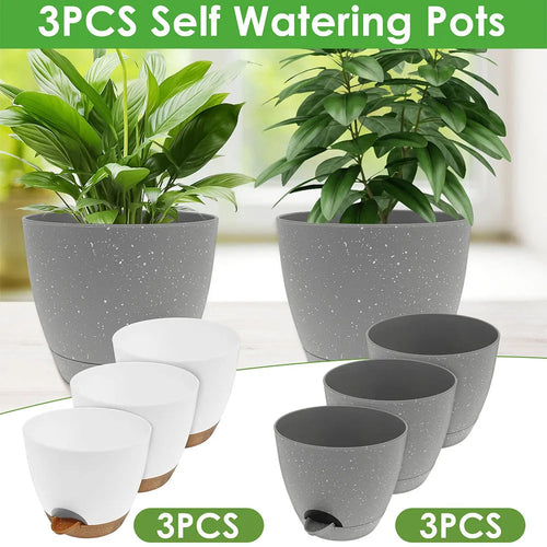 3 plastic self-watering flower jars with integrated tank