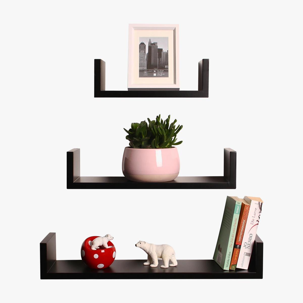 Set of 3 floating u-shaped wooden shelves