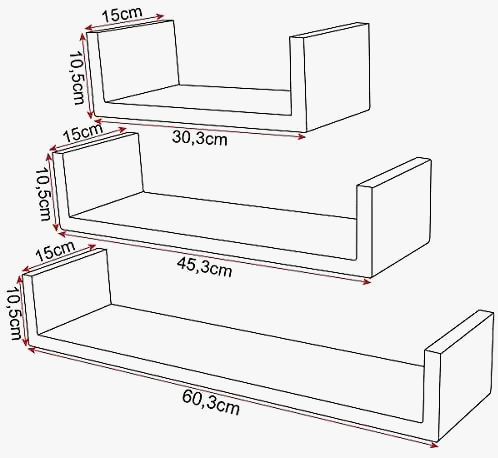 Set of 3 floating u-shaped wooden shelves - view 6