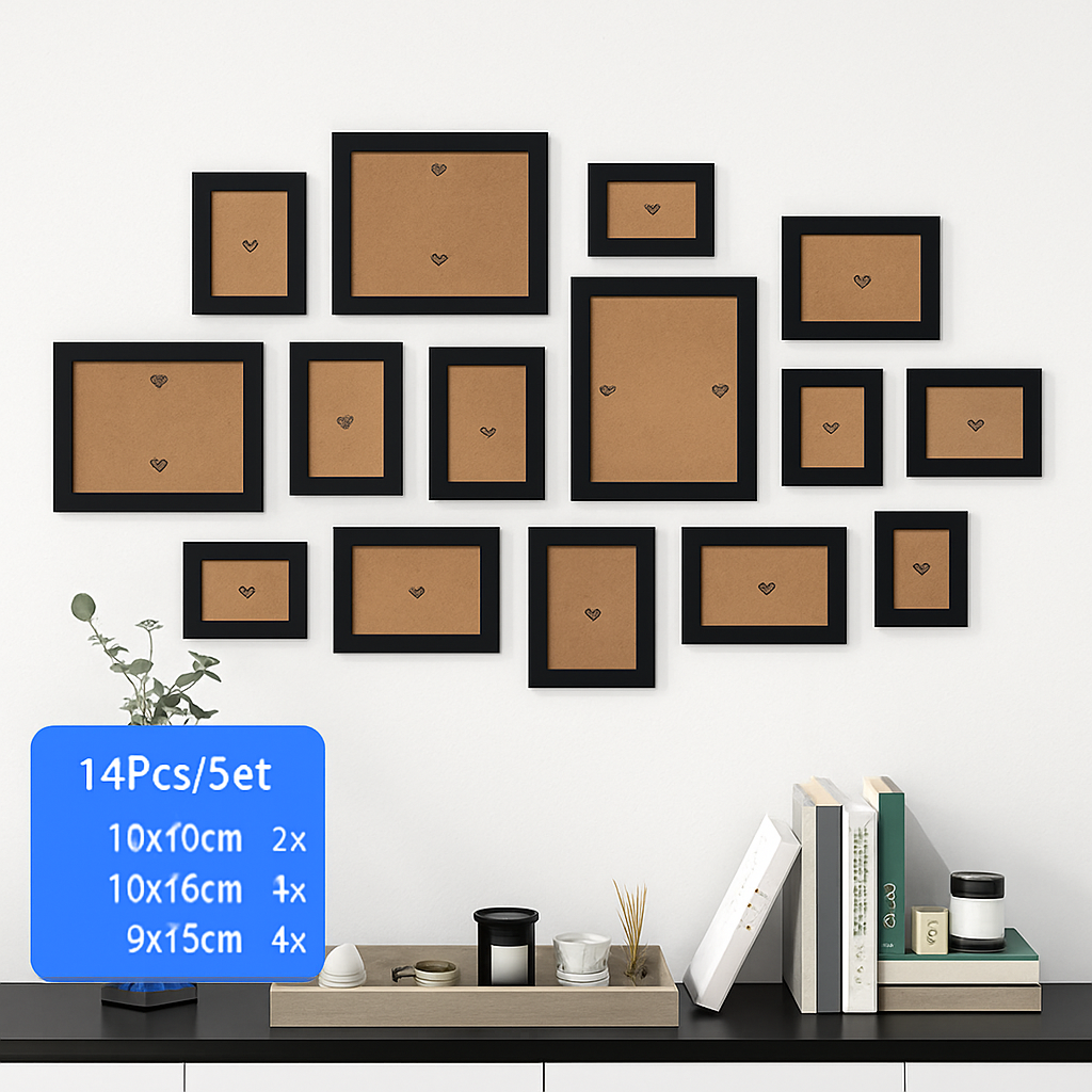 Set of wooden photo frames for wall decoration and wedding - Black Photo Frame / Natural Wood