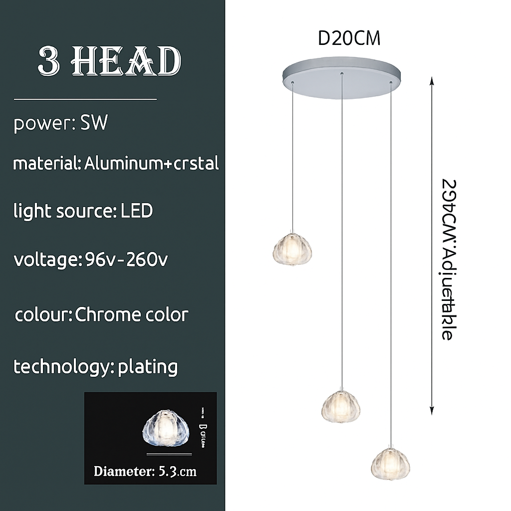 Luxury design crystal chandelier for modern spiral staircase - 3 Heads / Hot white 3000K