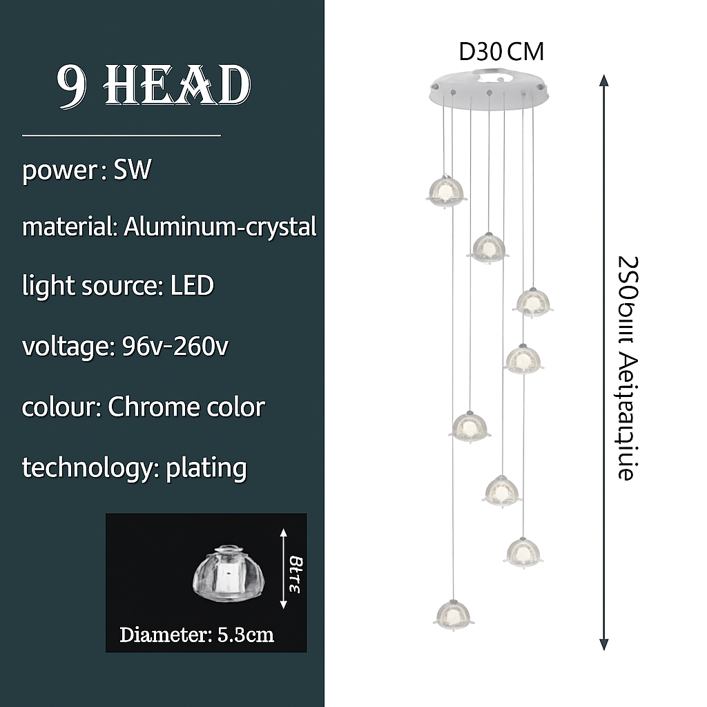 Luxury design crystal chandelier for modern spiral staircase - 9 Heads / Hot white 3000K