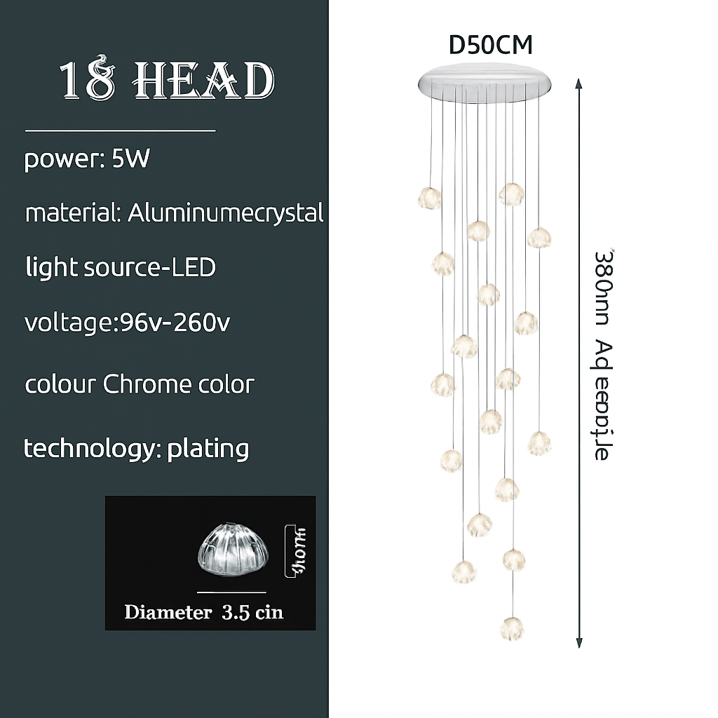 Luxury design crystal chandelier for modern spiral staircase - 18 Heads / Hot white 3000K