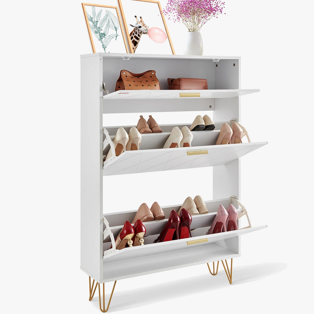 Shoe cabinet with folding drawers for self-contained storage