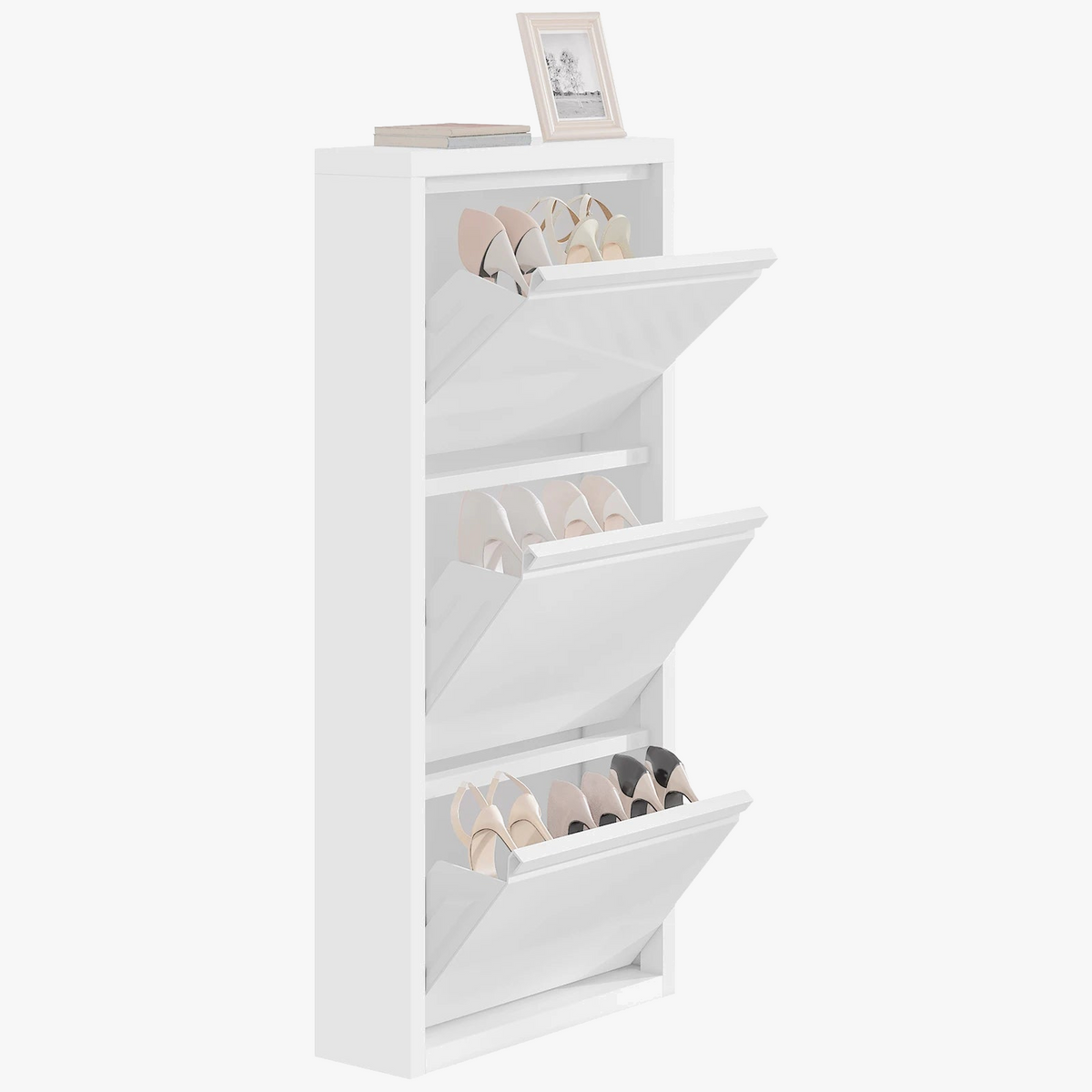 Narrow shoe cabinet with 3 shutters closed