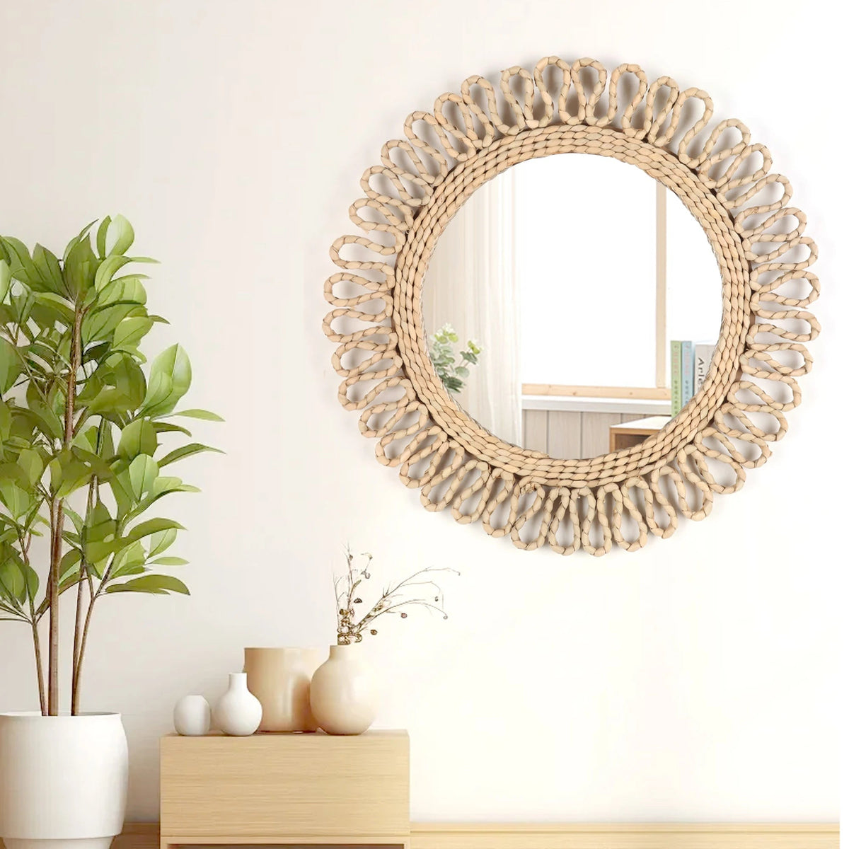 Circular wall mirror woven bohemian style hanging - view 2