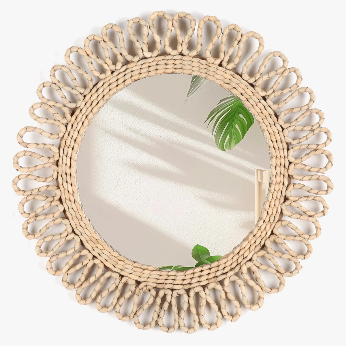 Circular wall mirror woven bohemian style hanging