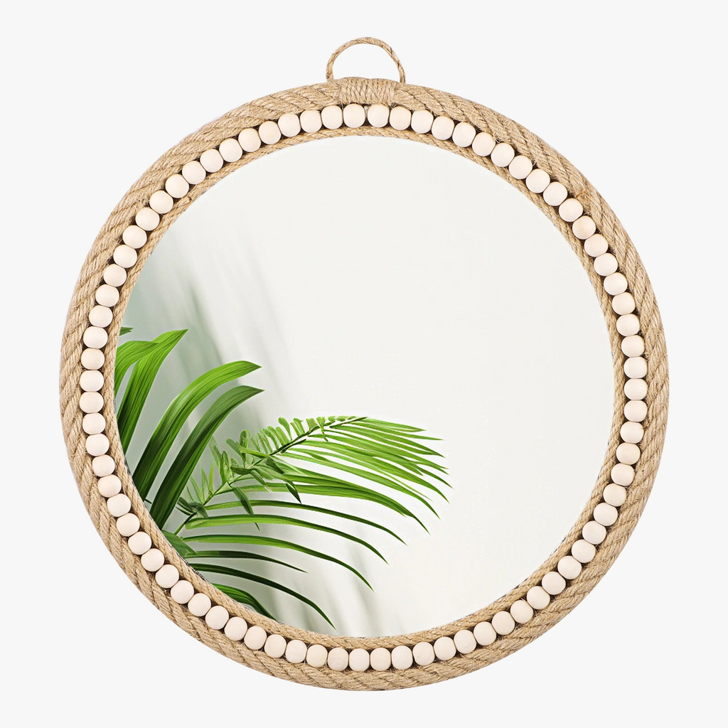 Decorative wall mirror in bohemian style rattan to hang