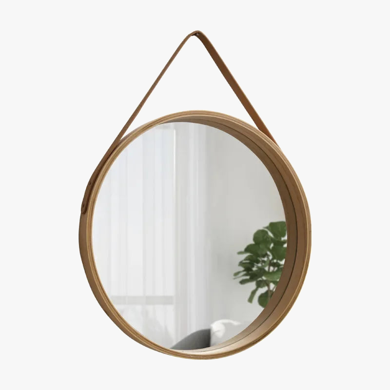 Round wall mirror with thick wooden border