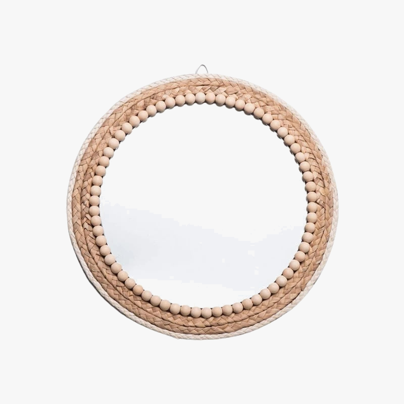 Round Rattan Wall Mirror in Natural Wood, 15 Inches