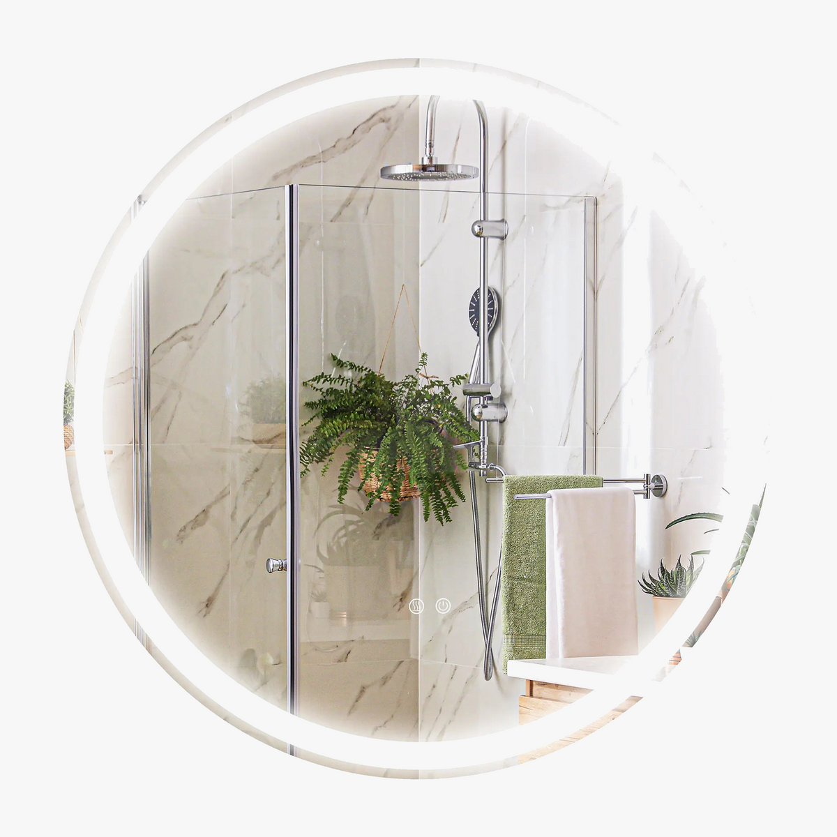 Round mirror with led lights adjustable anti-fog silver