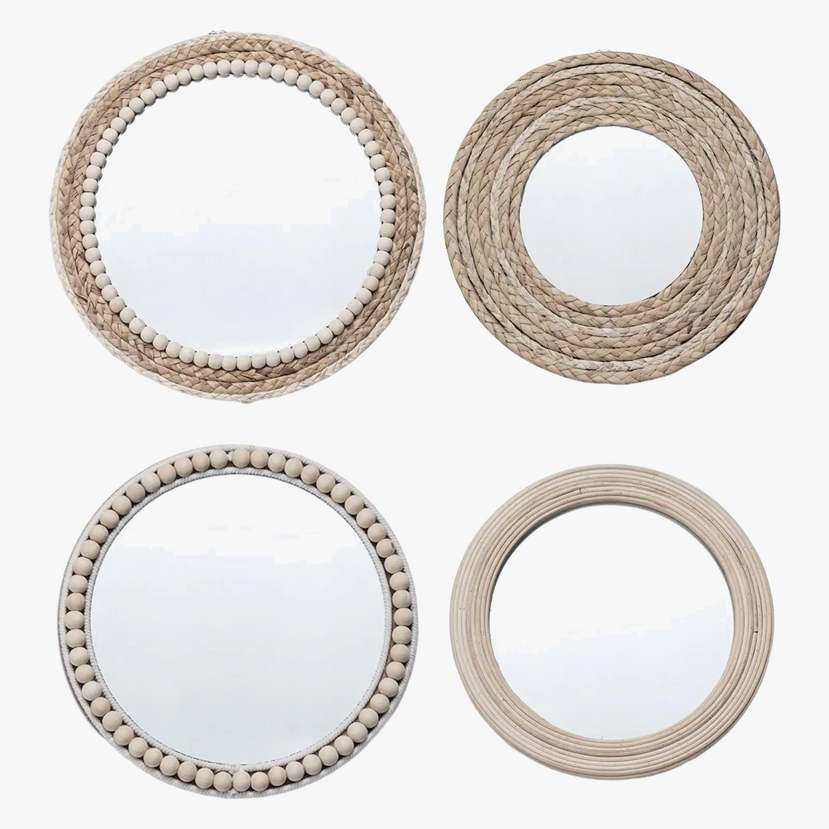 Bohemian Round Straw Rope Mirror with Wooden Beads