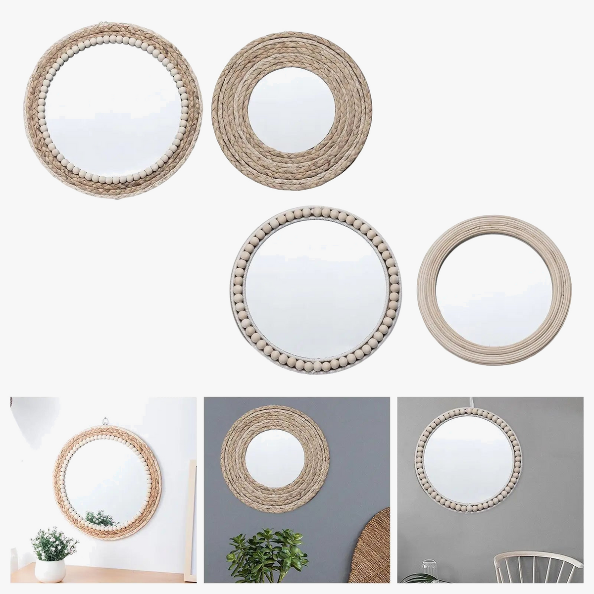 Bohemian Round Straw Rope Mirror with Wooden Beads - view 3