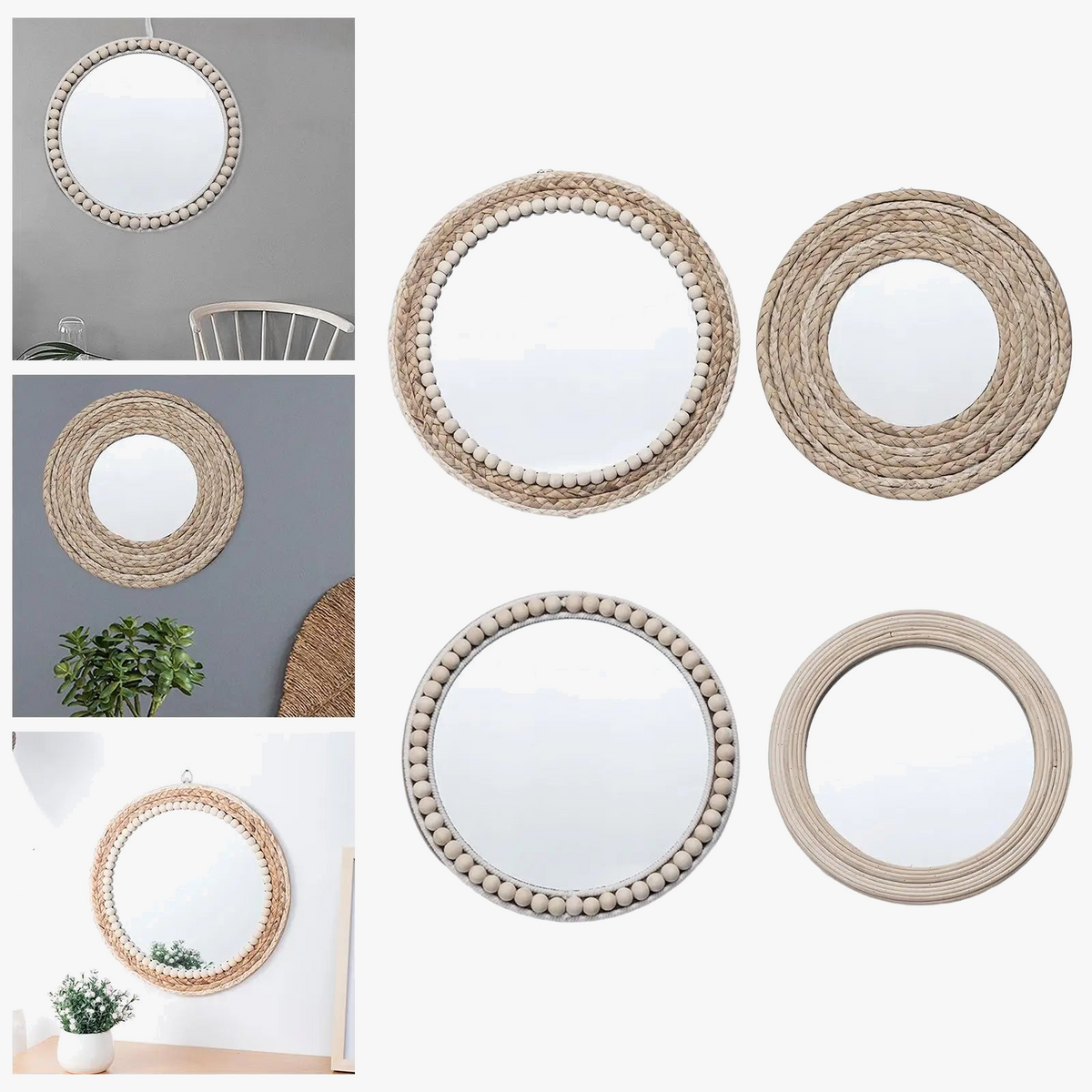 Bohemian Round Straw Rope Mirror with Wooden Beads - view 5