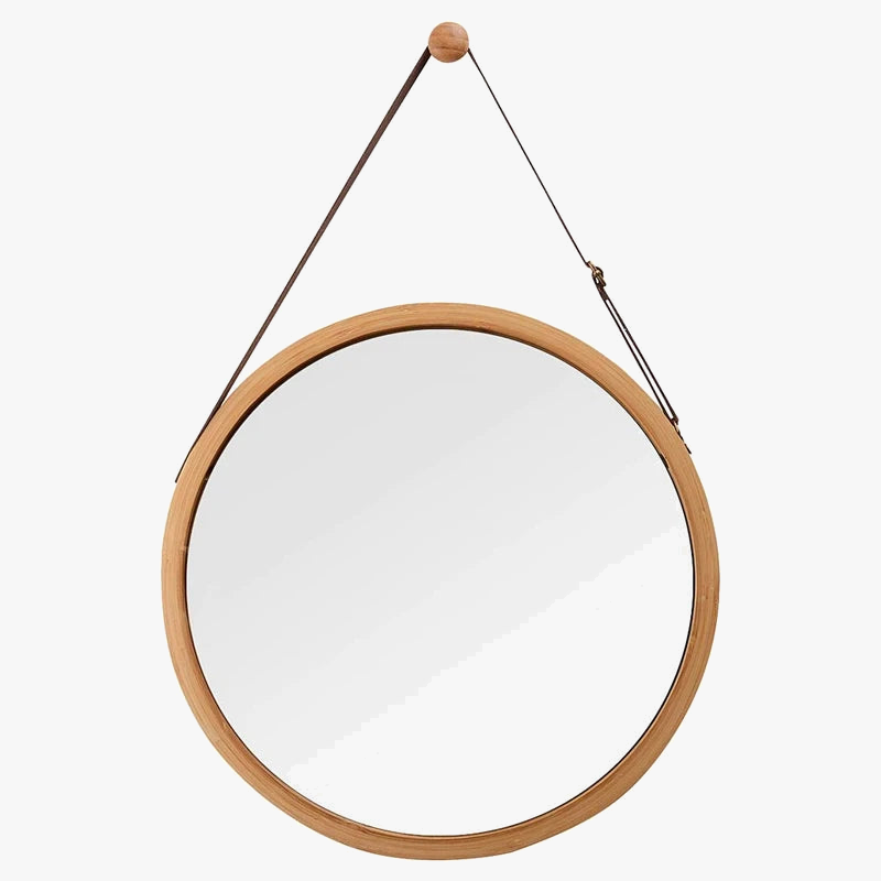 Round mirror suspended bamboo with adjustable leather strap