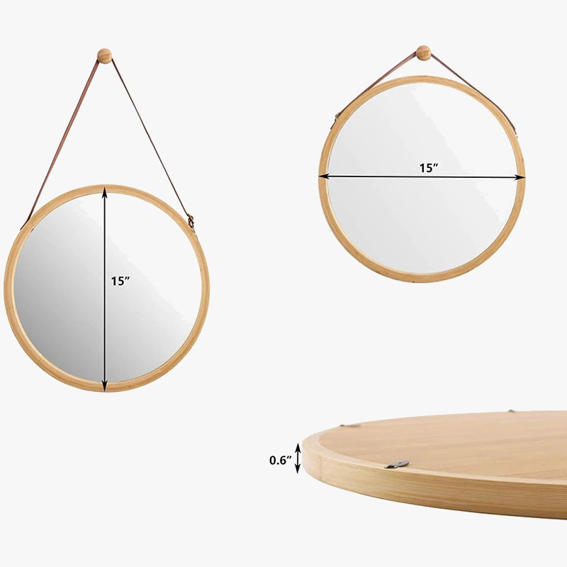Round mirror suspended bamboo with adjustable leather strap - view 3