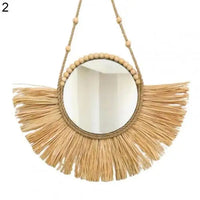 Hanging mirror in Raffia and decorative multifunctional wooden beads
