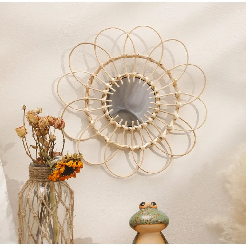 Decorative sunflower rattan hanging mirror for bohemian atmosphere
