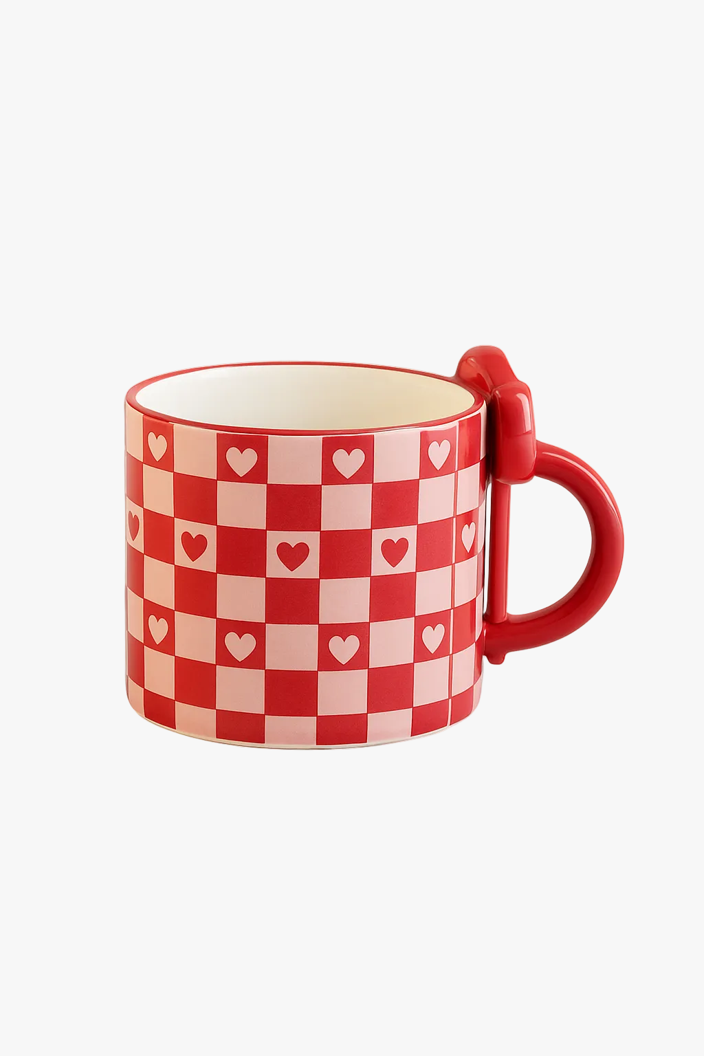 Red Checker Ceramic Mug with Heart-Knot Handle