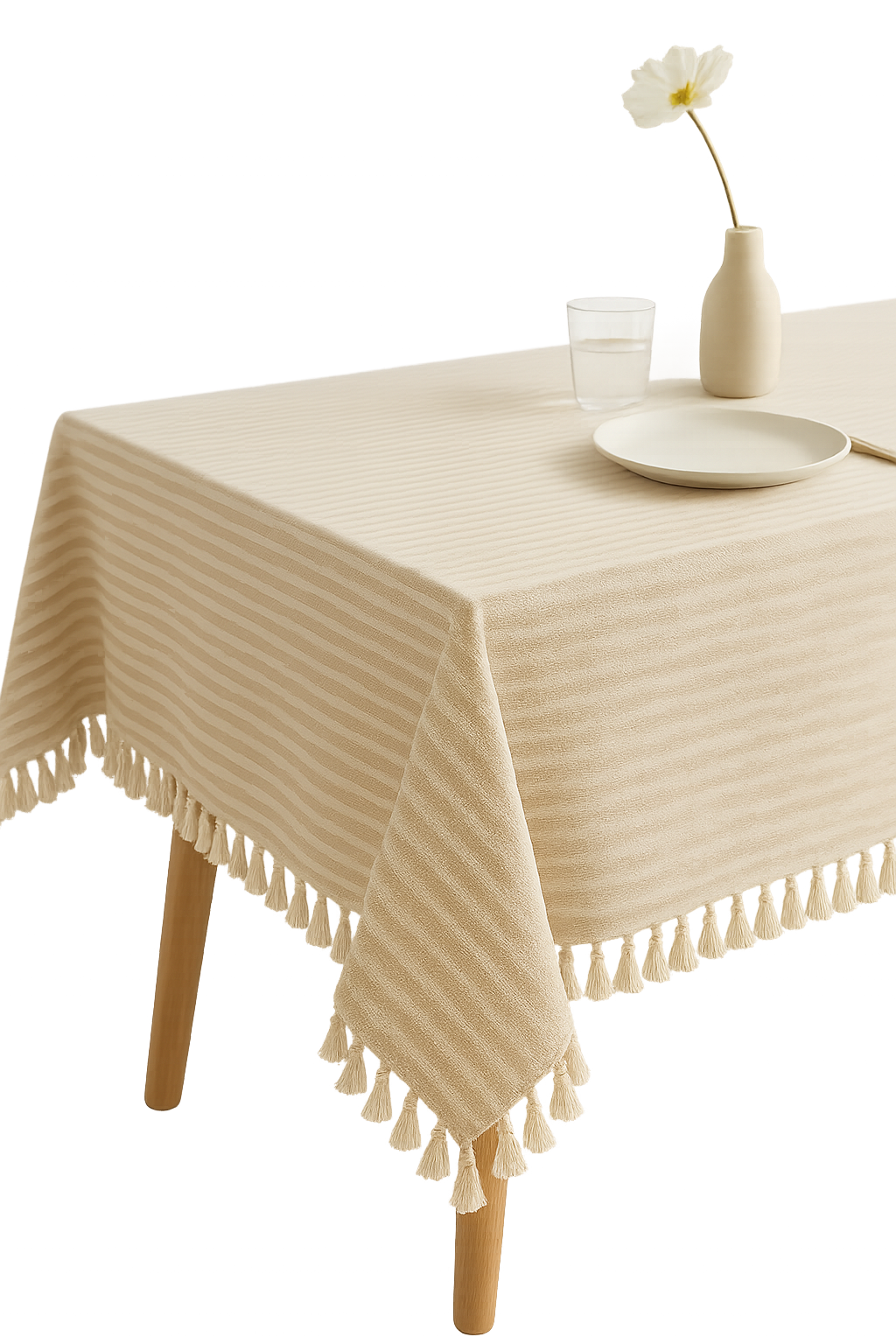 Cotton Linen Striped Tablecloth with Decorative Pom-Poms - view 2