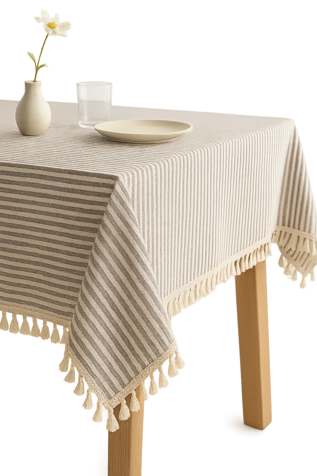Cotton Linen Tablecloth with Scratch Pattern and Pompon Finish - view 2