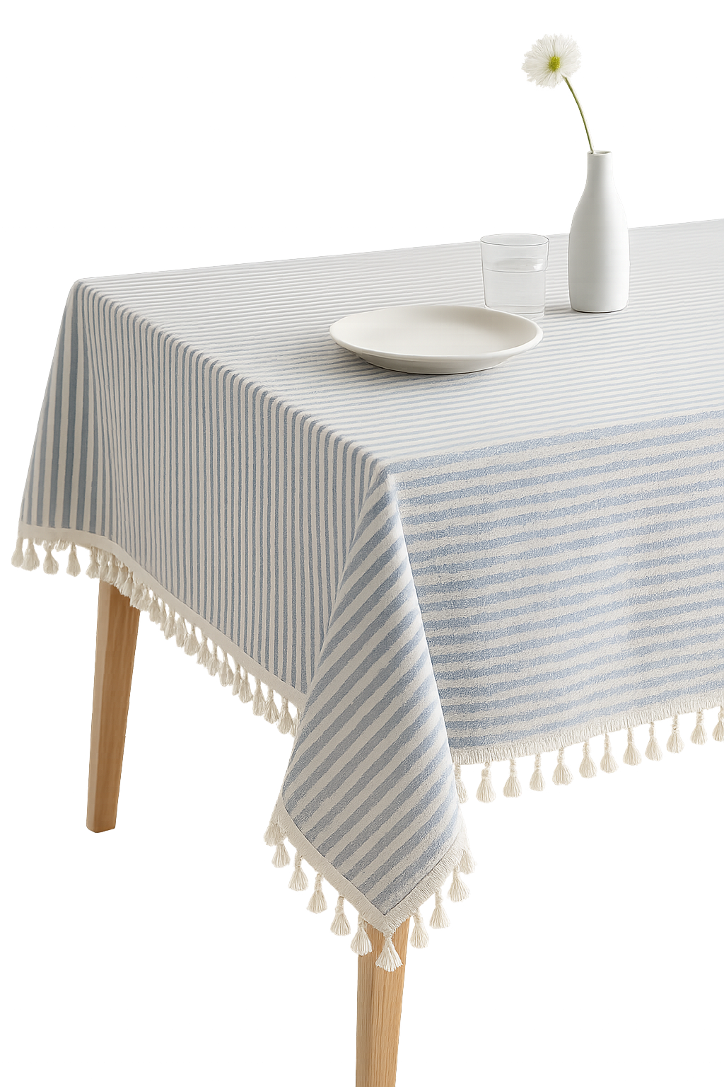 Cotton linen tablecloth bohemian style stripes pom-poms table - view 2
