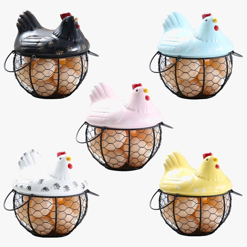 Ceramic basket for eggs and fruit with decorative hen