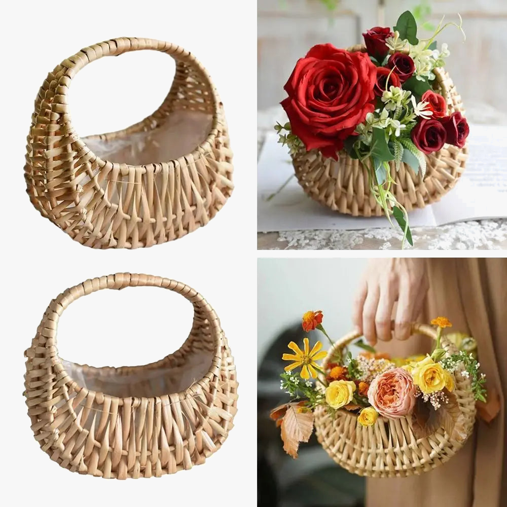 Braided basket in half-moon rattan with robust handle - view 2