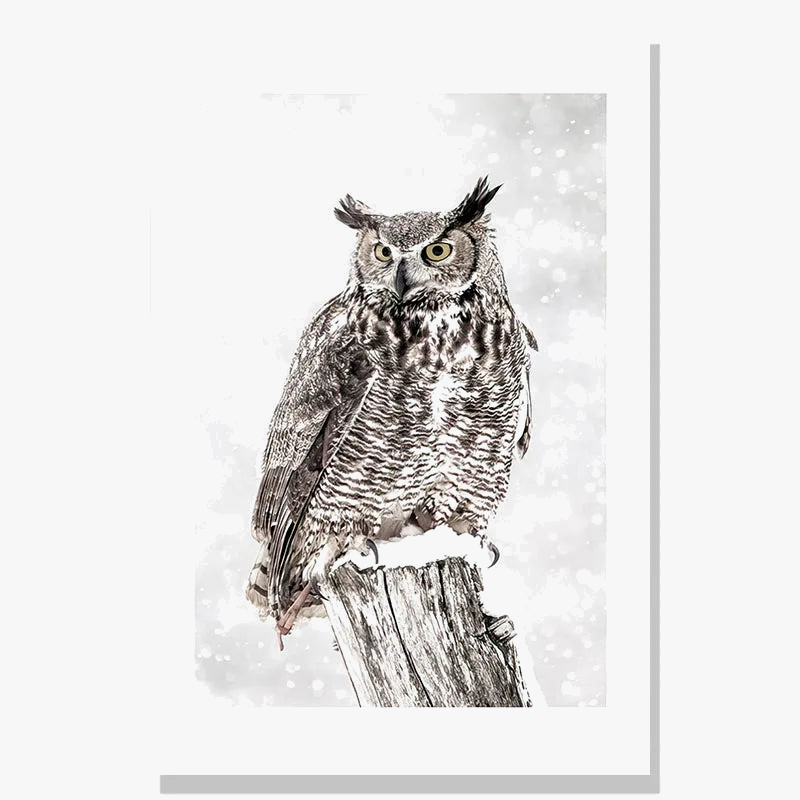 Nordic Painting of a Deer and Owl in a Sunlit Snowy Forest