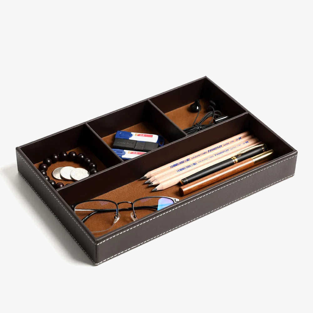 Leather storage tray with 5 practical compartments