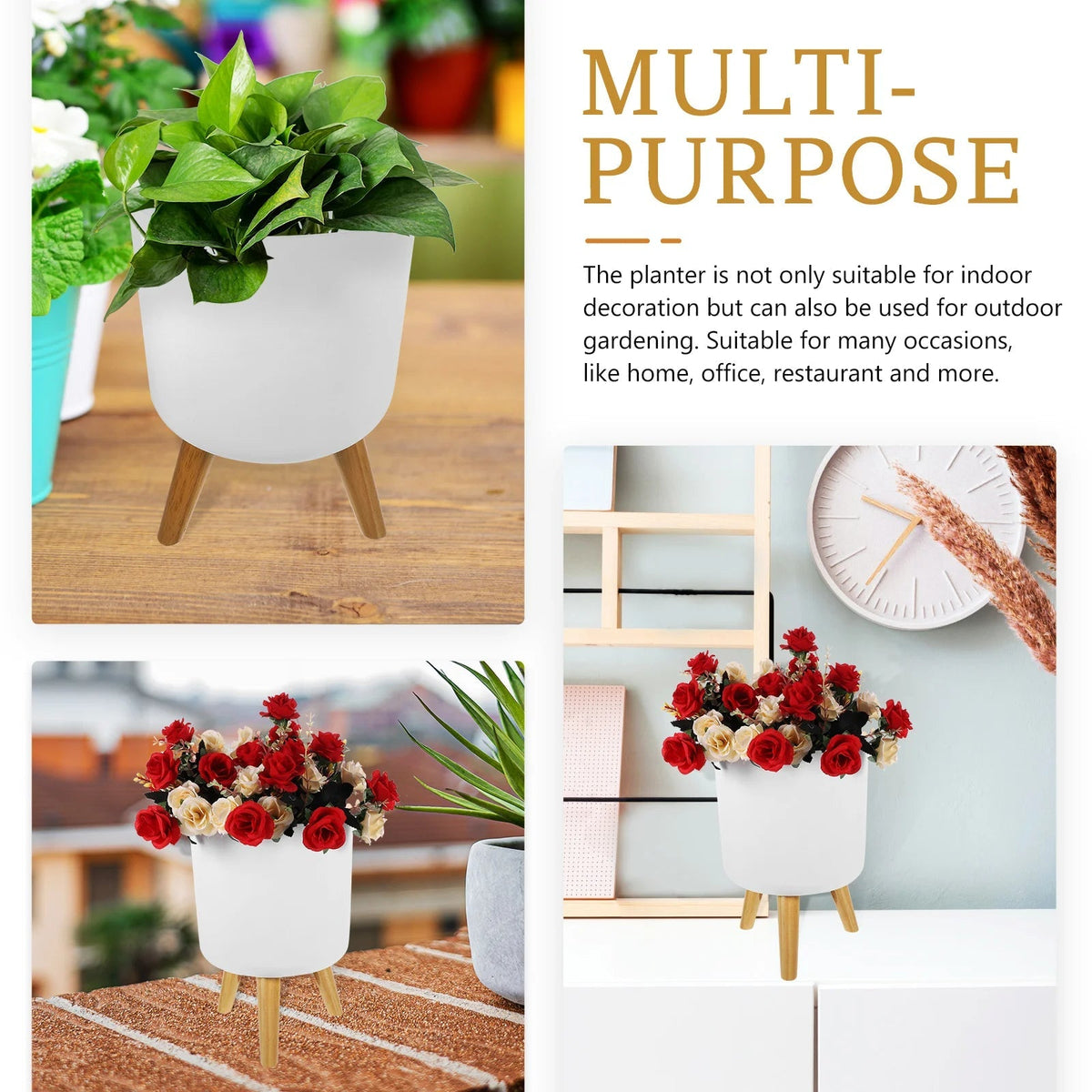 Modern Nordic flower pot with wooden feet for plants and decoration - view 2