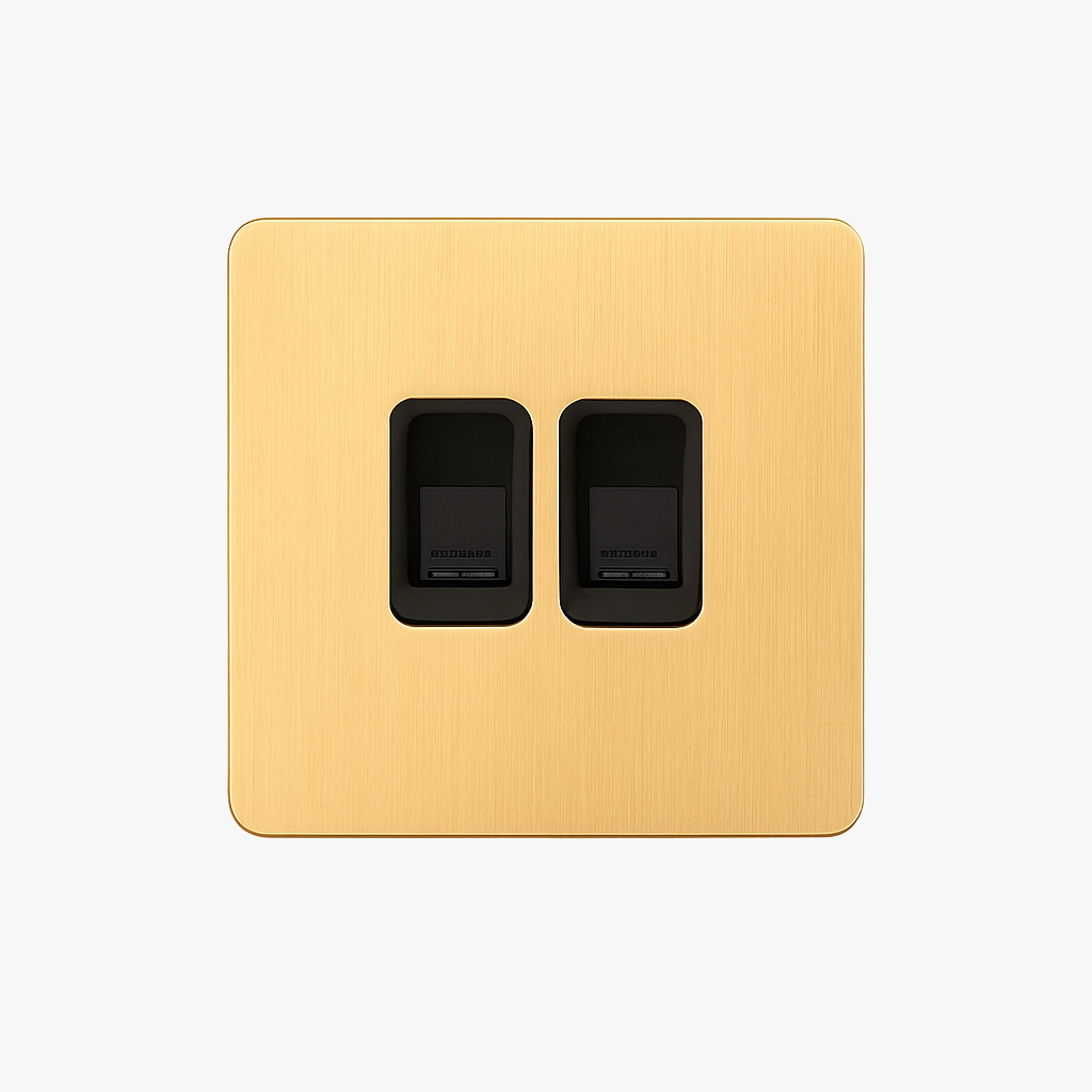 RJ45 double socket in brushed gold steel and rounded edges