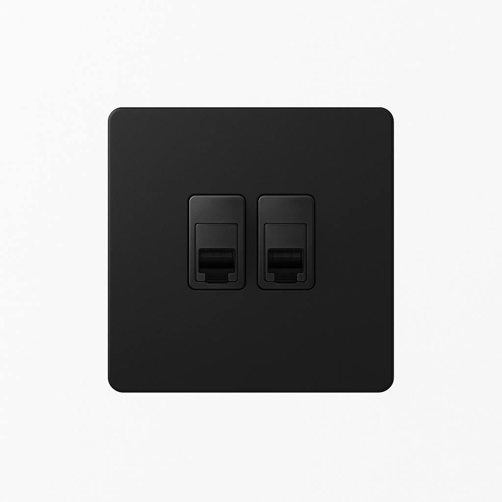 RJ45 Double Socket in Matt Black Steel, Square Rounded Design