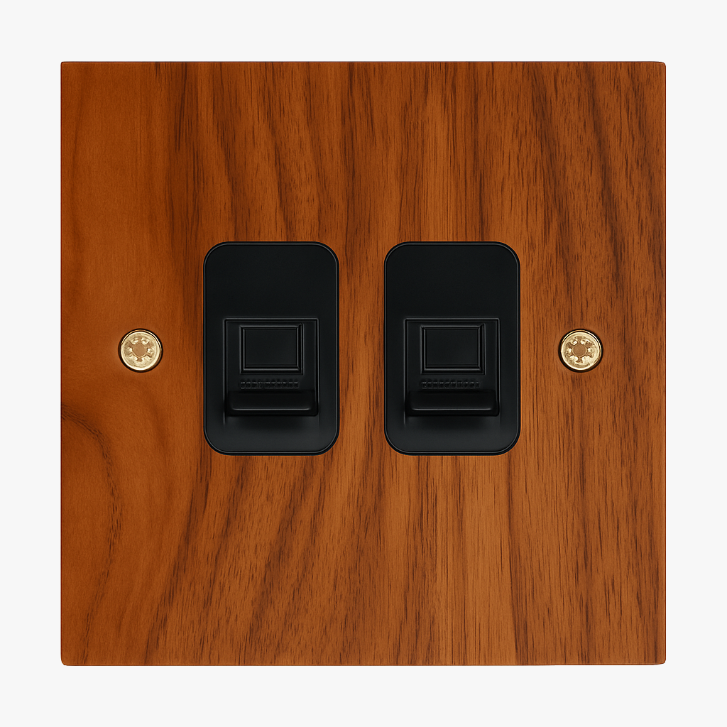 Rectangular RJ45 Double Socket in Noble Wood with Gold Screws