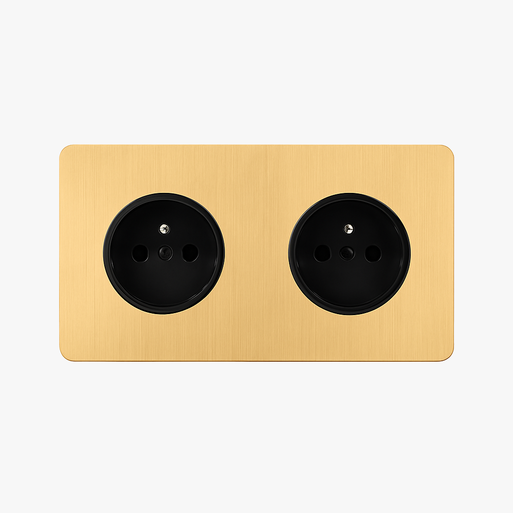 Double electric socket in brushed gold steel and rounded edges