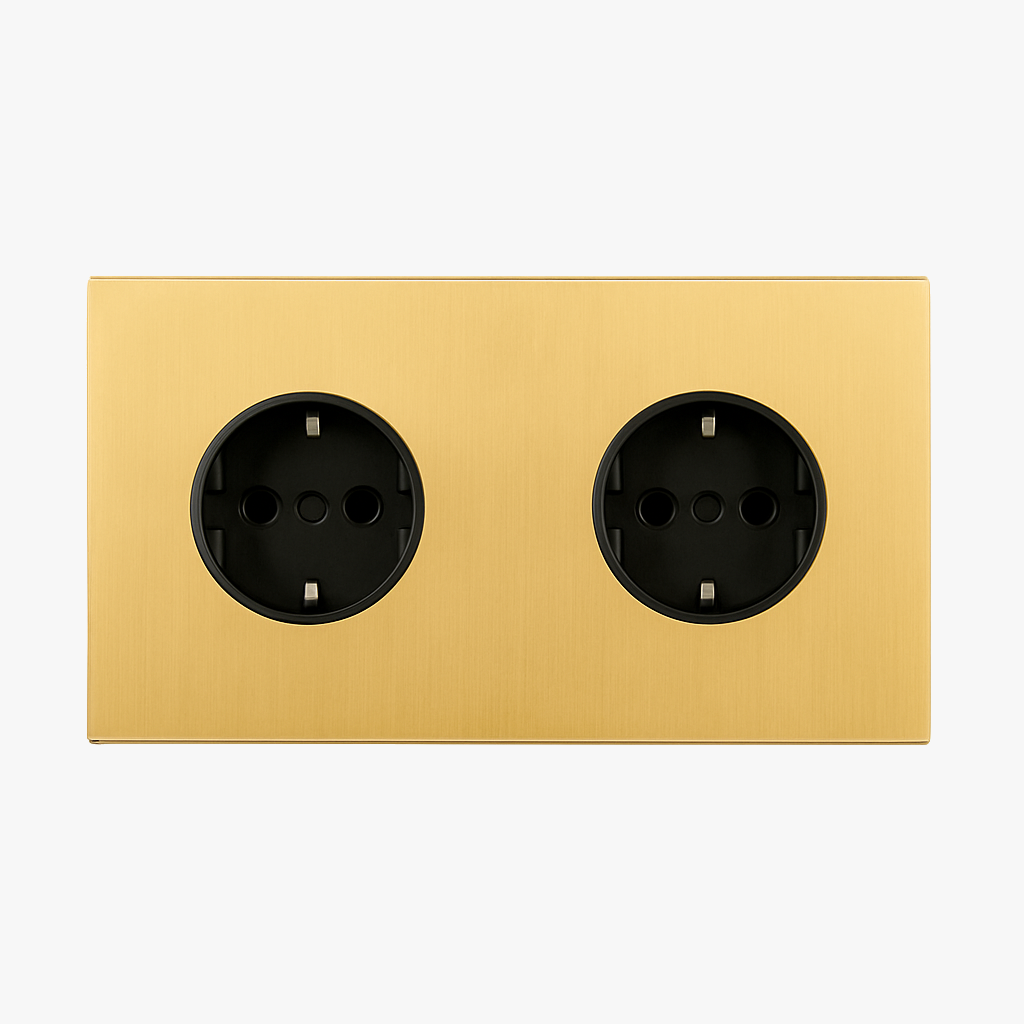 Double electric socket (Europe) in brushed gold steel
