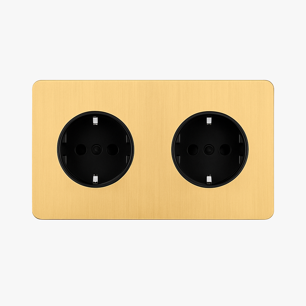 Double electric socket (Europe) in brushed gold steel and rounded edges