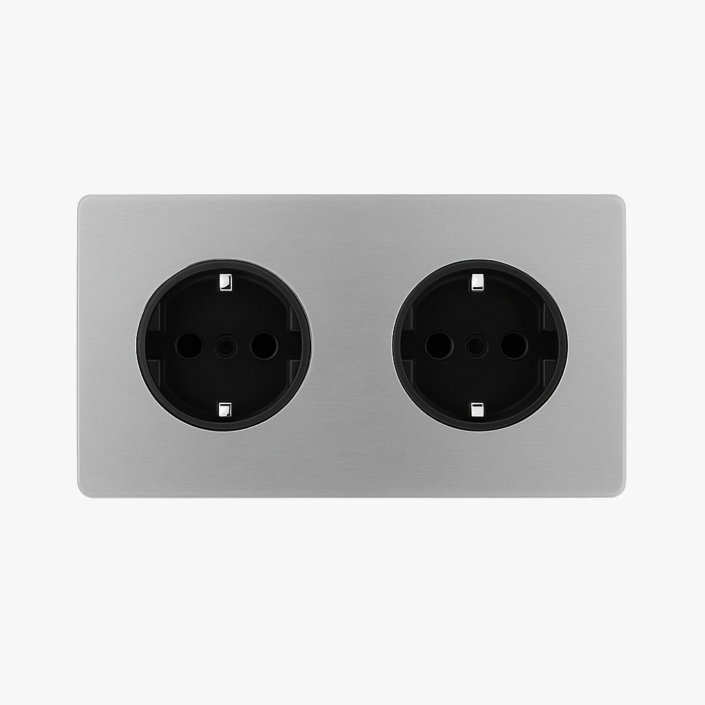 Brushed Light Grey Steel Double EU Socket with Rounded Edges